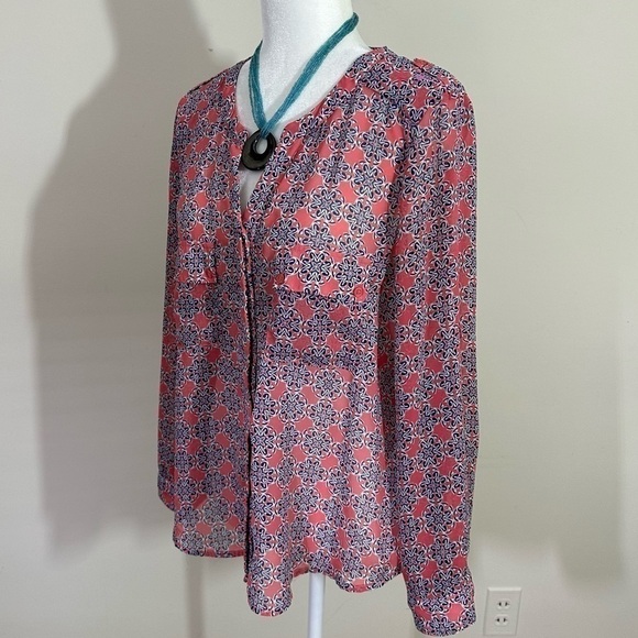 Collective Concepts sz L P top, shirt blouse mini print lightweight long sleeve - Picture 1 of 13